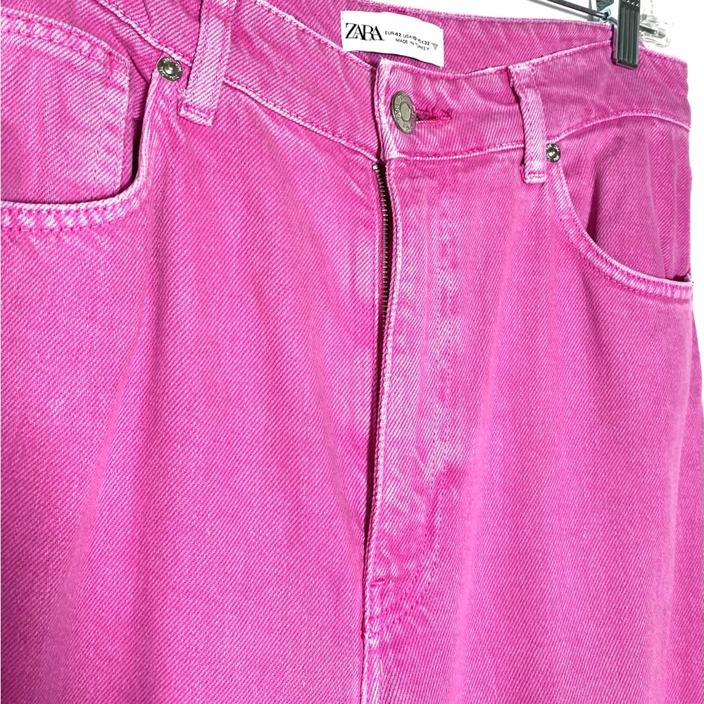 Zara Vibrant Pink Denim wide leg high waist raw hem cotton Jeans - Picture 4 of 11